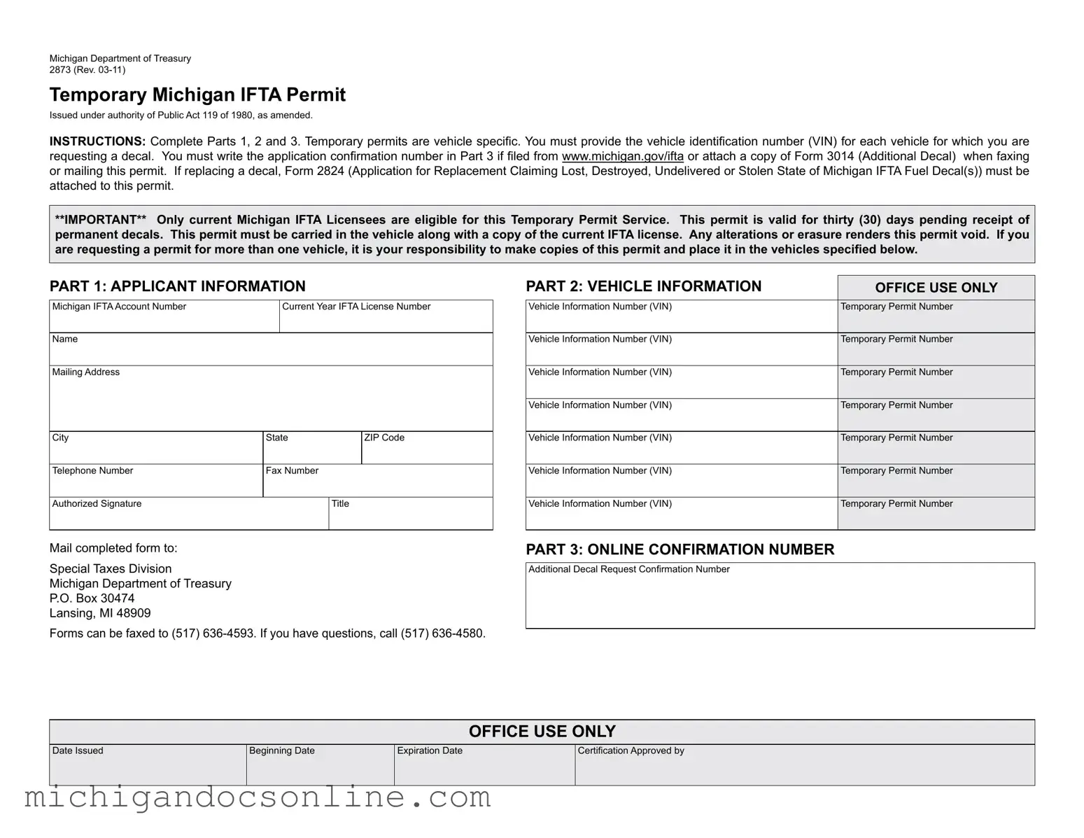 Blank Temporary Michigan Ifta Permit PDF Form