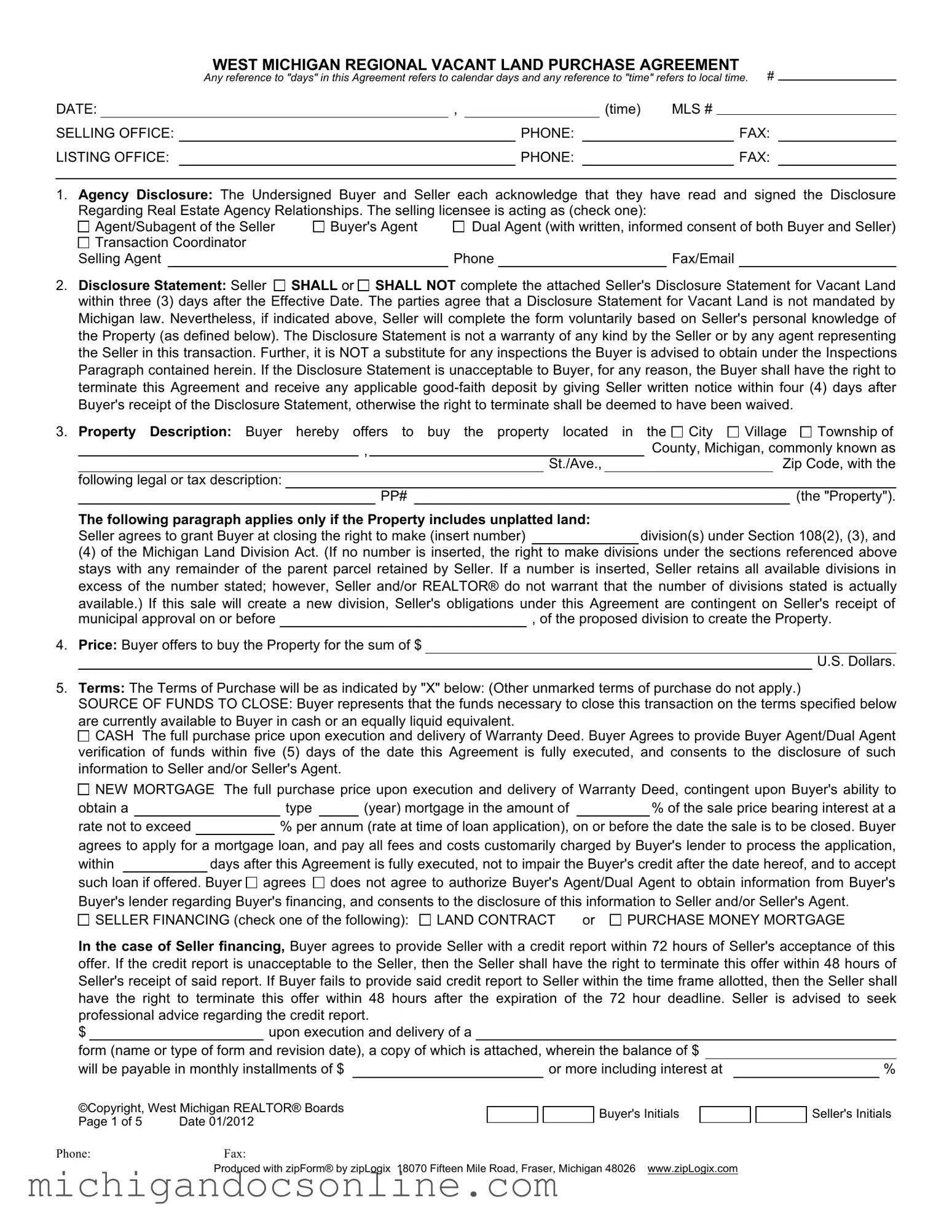 Blank West Michigan Vacant Land Agreement PDF Form